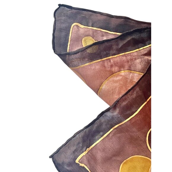 Hand-Painted Silk Scarf Abstract Floral Brown Gold Peach Black 57x16 Rolled Hem - Picture 9 of 10
